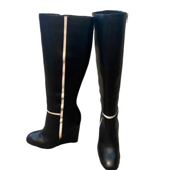 Calvin Klein Poloma Tall Black Wedge Boots w/ White Stripe Size 9 Women's - Picture 3 of 12